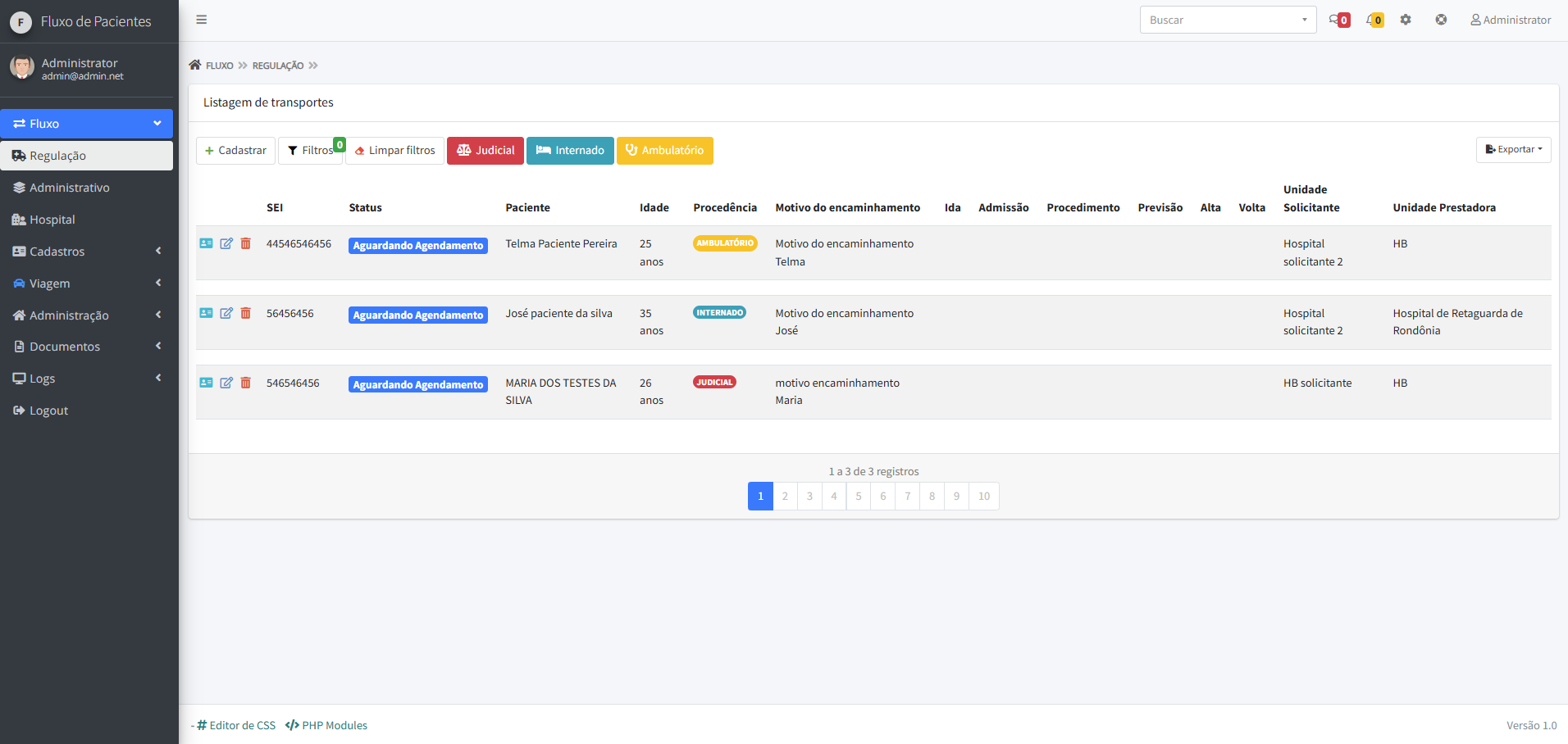 Fluxo Paciente - Listagem transporte